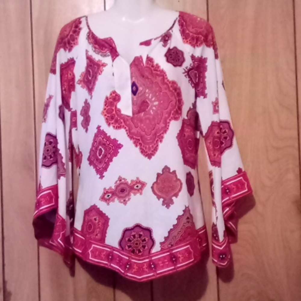 Chico's silky soft quarter length Bell sleeve blouse